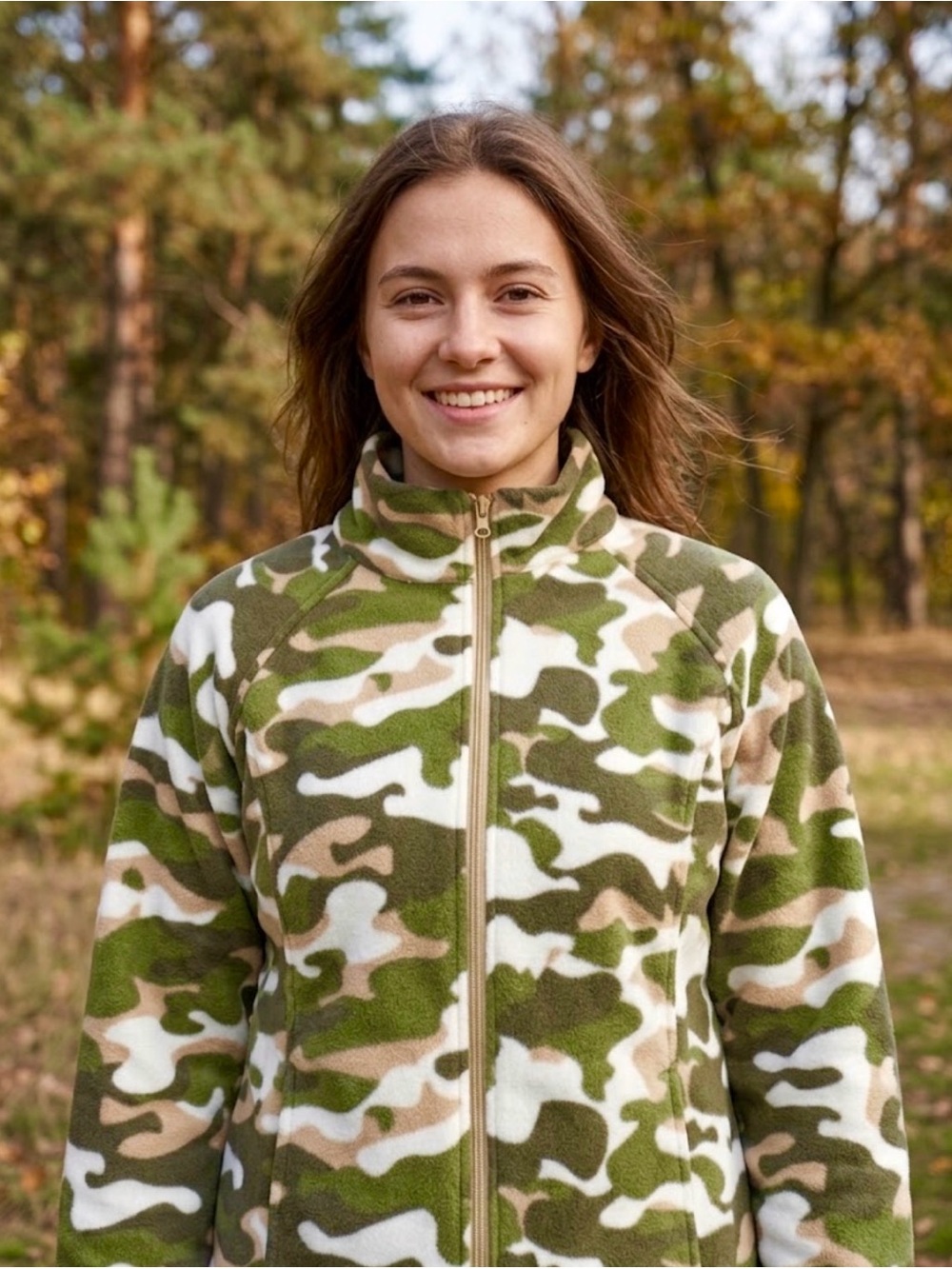 Women’s Green Camo Full Zip Fleece Jacket XL